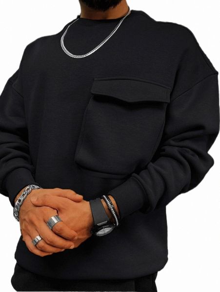 

x made in america men drop shoulder flap pocket sweatshirt w6x3#, Black