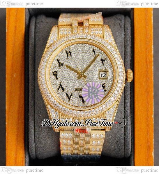 

rf 126334 a2836 automatic mens watch yellow gold paved diamond dial black arabic script fully iced out diamonds 904l jubileesteel bracelet s, Slivery;brown