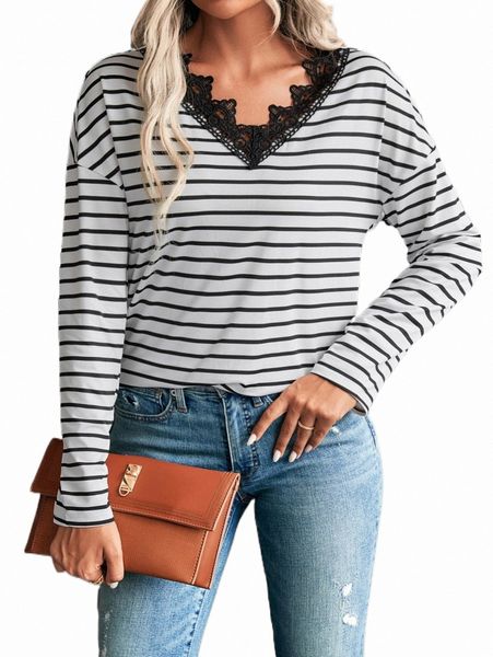 

striped guipure lace trim drop shoulder tee v5mz#, White