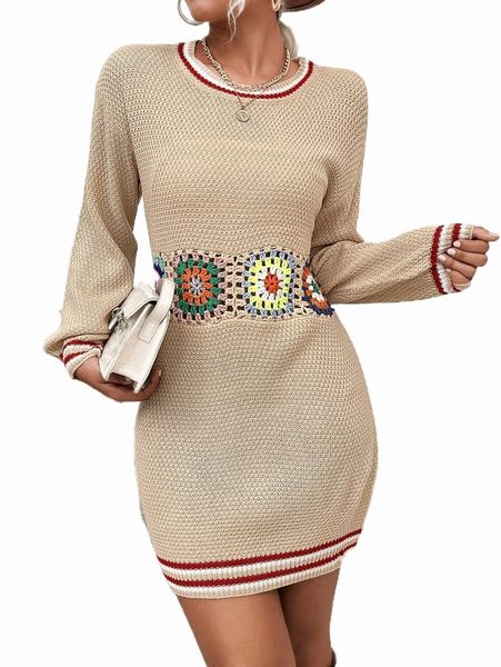 

floral crochet panel drop shoulder contrast trim sweater dress y9xr#, White;black