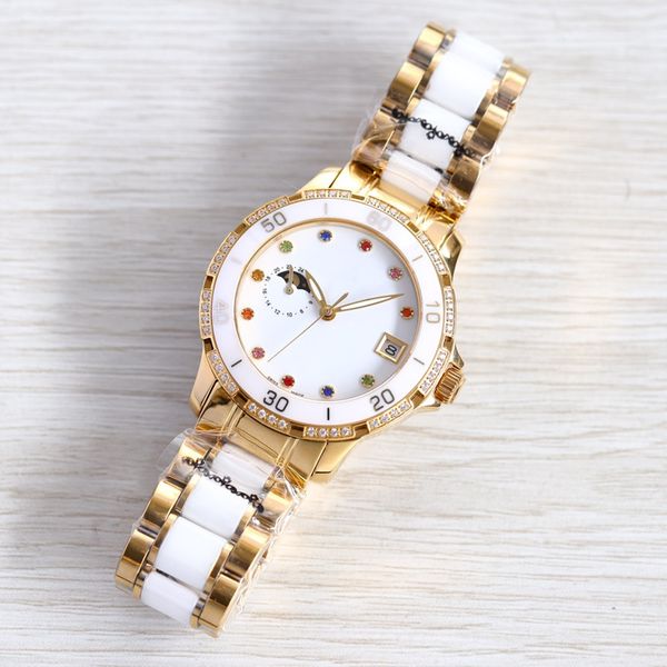 

fashion women's mechanical watch 36mm ceramic bracelet bezel automatic movement 9-bit sun moon star morning sapphire mirror womens watc, Slivery;golden