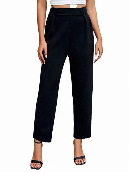 

solid straight leg pants 94cl#, Black;white
