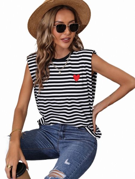

heart embroidery striped shoulder pad tank o7gp#, White