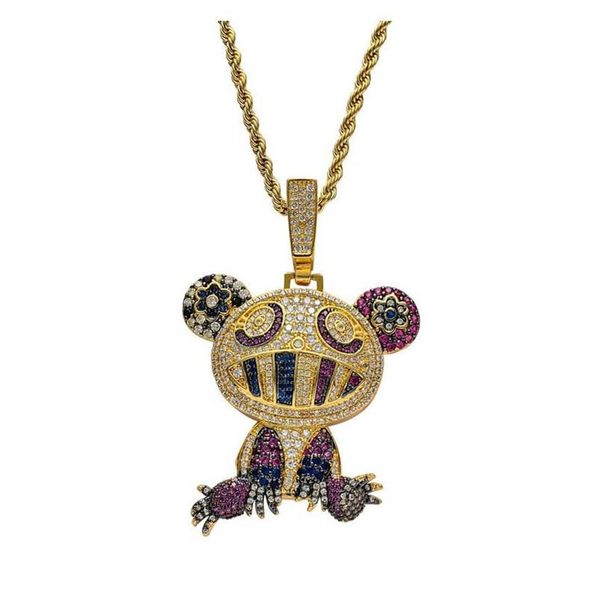 

18k yellow gold multi-color iced takashi murakami panda pendant necklace micro paved zircon mens hip hop jewelry sqw6v295i, Silver