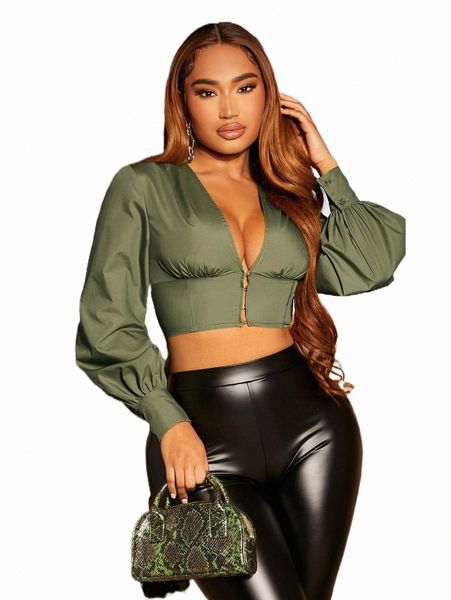 

sxy lantern sleeve plunge neck crop blouse k04j#, White