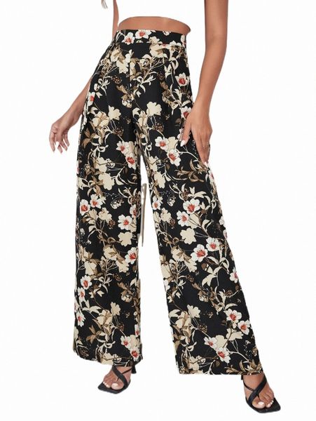 

floral print wide leg pants 91ru#, Black;white