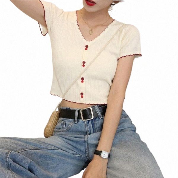 

women's t-shirt t-shirts women knitted cute crop tees female buttoned up v-neck solid short sleeve casual 2021 summer for 957c#, White
