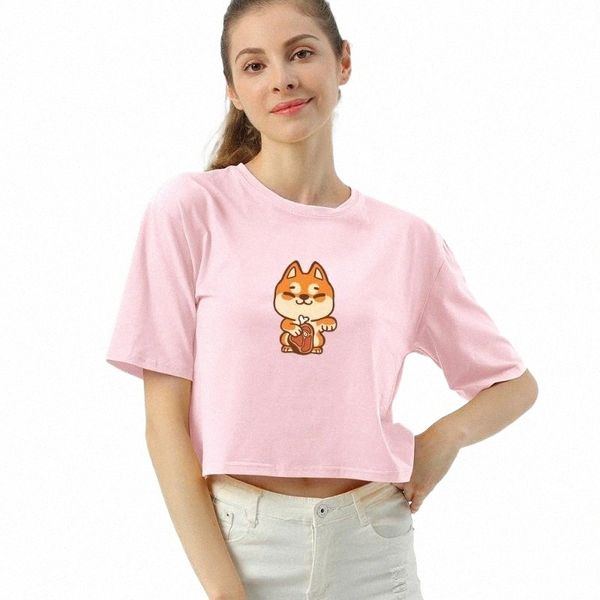 

women's t-shirt fashion cotton crop t shirt cartoon cute shiba inu women funny summer clothing short sleeve casual korean tshirt g7ai#, White