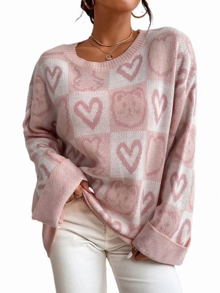 

cartoon & heart pattern drop shoulder sweater k9oy#, White;black