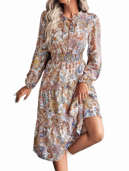 

paisley print tie neck shirred waist layered hem dress s3my#, Black;gray