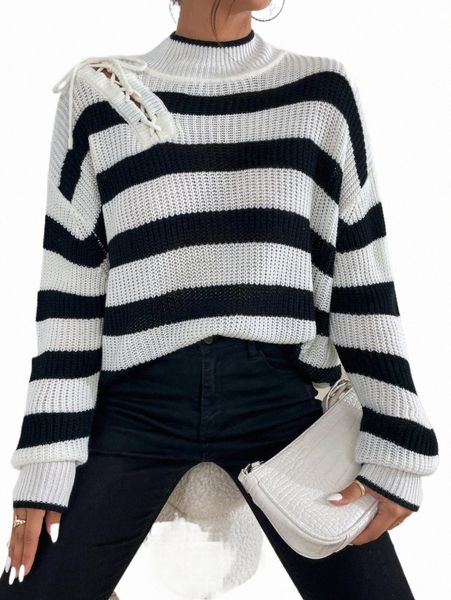 

stripe pattern mock neck lace up front drop shoulder sweater p90y#, White;black