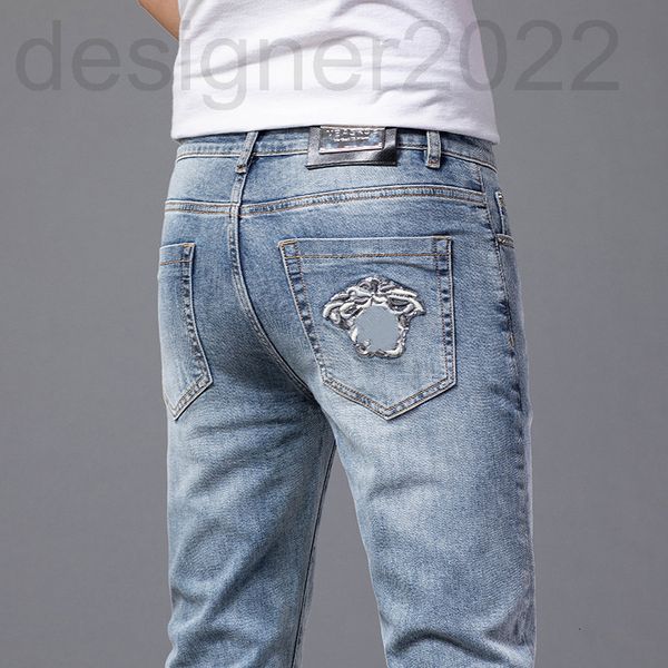 

men's jeans designer high end medusa embroidery printed korean version spring thin slim straight pants lg2b, Blue