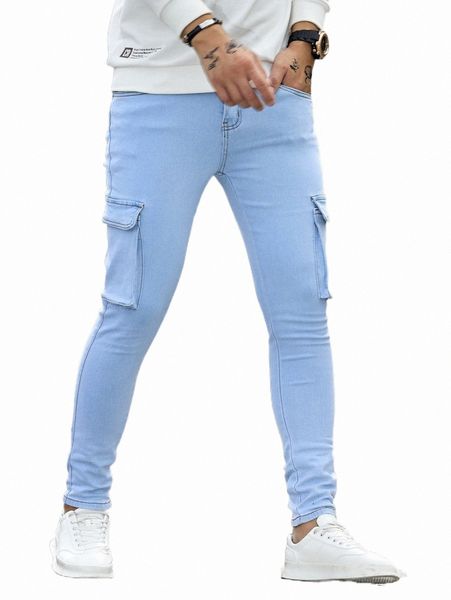 

men light wash flap pocket side skinny jeans 92hl#, Blue
