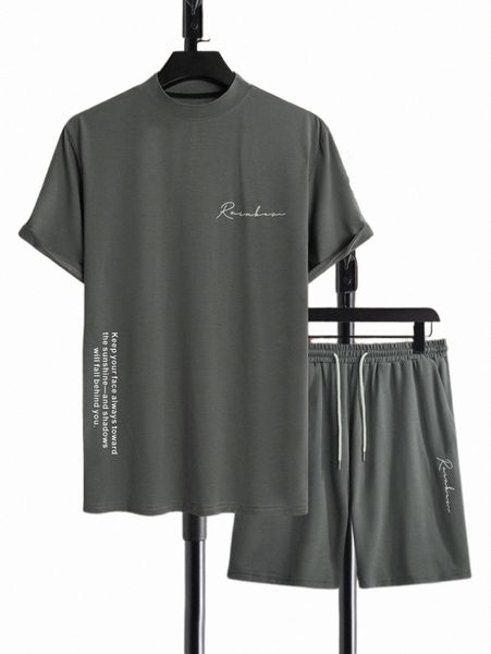 

men slogan graphic tee & drawstring shorts i9ov#, Gray