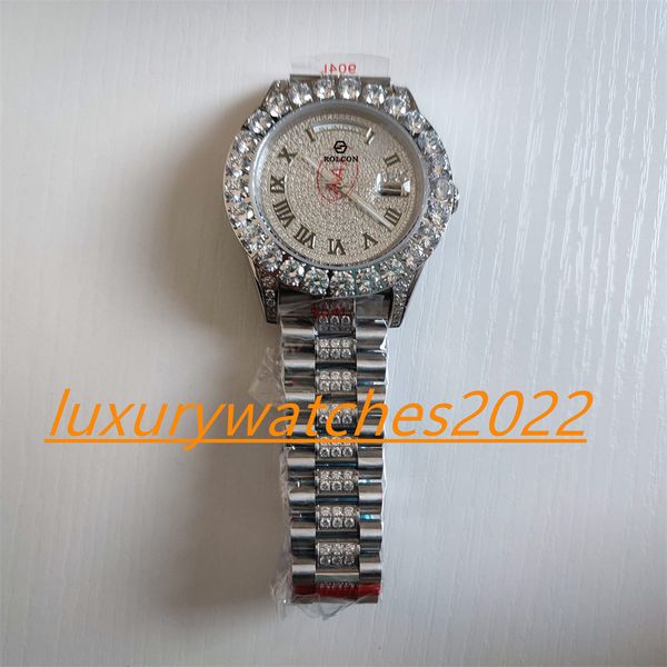 

mp factory mens watch 43mm 228349 116300 stainless steel full iced full vs bigger diamond automatic movement mechanical sapphire wristwatch, Slivery;brown