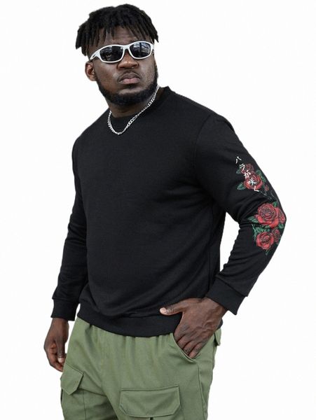 

extended sizes men floral print sweatshirt u0wg#, Black