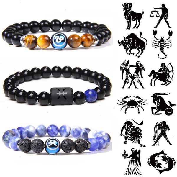 

12 zodiac charm bracelet constellation strands signs natural stone beads bracelets for women men couple horoscope fashion birthday gifts, Black