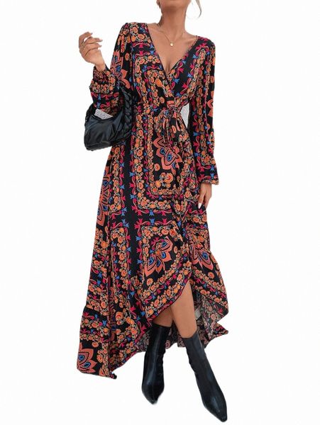 

floral & scarf print lantern sleeve ruffle trim wrap dress s8q2#, Black;gray