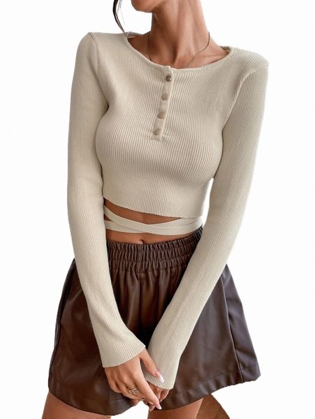 

half button crisscross tie back crop sweater c18u#, White;black