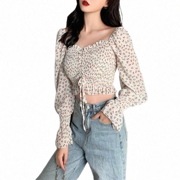 

fashion women square neck drawstring long sleeve floral ruffles chiffon shirt women's t-shirt p2rz#, White