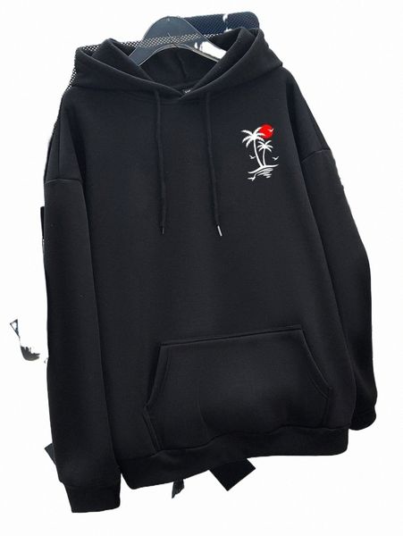 

men tropical print kangaroo pocket drawstring thermal hoodie 677m#, Black