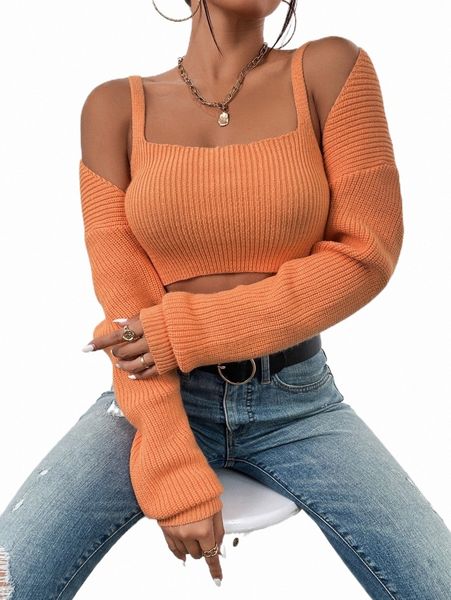 

drop shoulder shrug cardigan & crop cami knit a0mb#, White;black