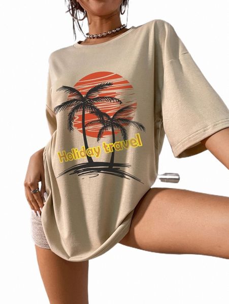 

tropical and letter graphic drop shoulder oversized tee 39w0#, White