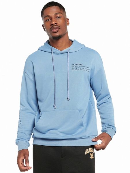 

men slogan graphic kangaroo pocket drawstring hoodie l25w#, Black