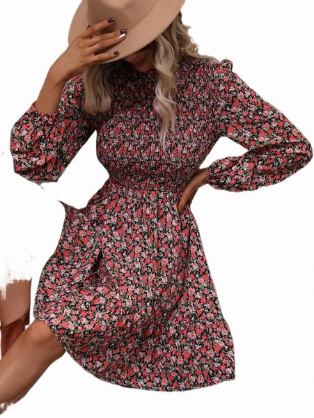 

allover floral print bishop sleeve ruffle hem dress t2cy#, Black;gray