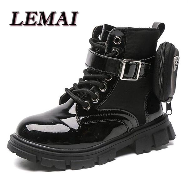 

patent ieather kids boots winter children fashion ankle baby british shoes for girls pocket toddler warm snow 210908315s, Black;grey