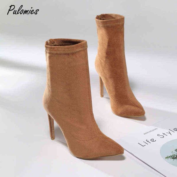 

boot women ankle boots 11cm high thin heels solid short pointed toe square faux suede leopard woman casual shoes for 1203, Black
