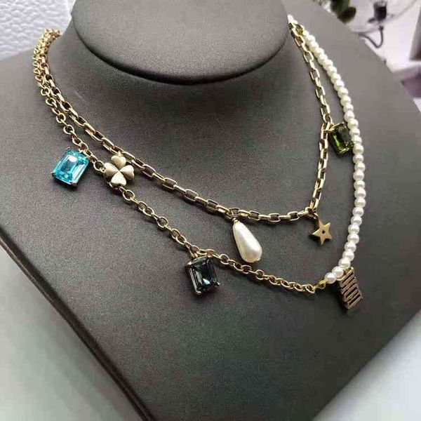

70% off factory online direct sales letter pearl colored stone pentagram two-layer necklace 2022 brass neck chain, Silver
