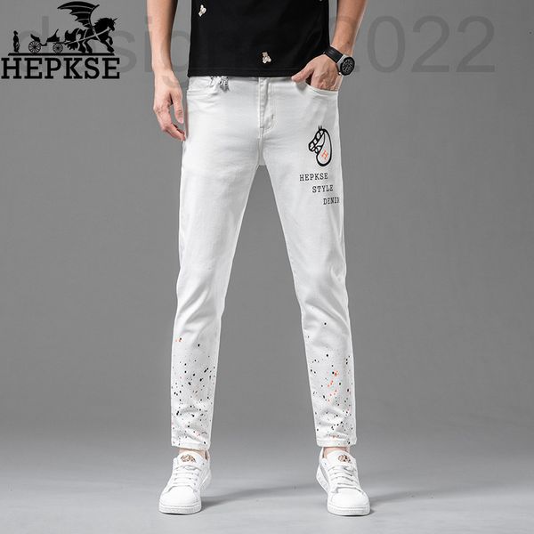 

men's jeans designer youth high-end quality men's white printed jeans fashion slim straight cropped pants spring and autumn style, Blue