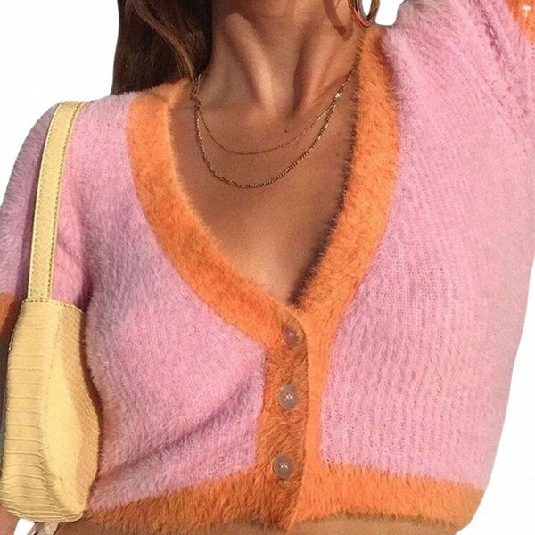 

summer button up v-neck crop knitted short sleeve t-shirt fashion clothing women streetwear contrast color tee women's l6lh#, White