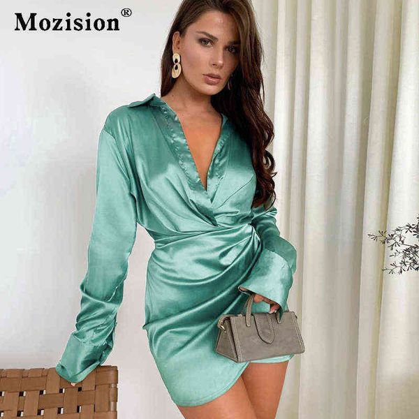

mozision satin shirt dress women autumn solid turn-down collar single-breasted long sleeve elegant ruched mini dress streetwear t220819, Black;gray