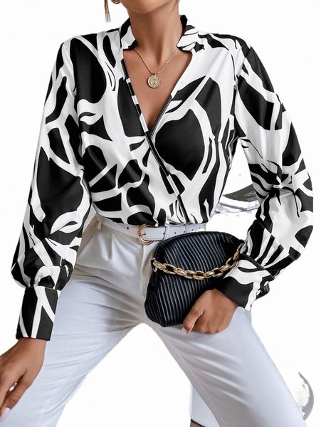 

allover print notched neck shirt e632#, White