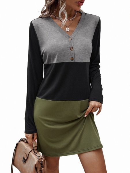 

cut and sew panel v-neck dress 39g9#, Black;gray