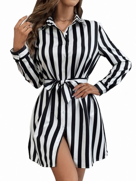 

striped button front belted shirt dress n6sd#, Black;gray