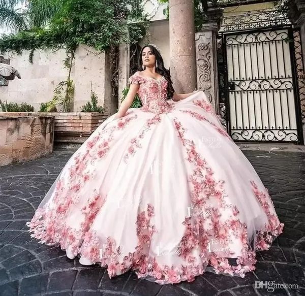 

gorgeous pink quinceanera dresses with 3d floral lace applique tulle 2022 ball gown off shoulder sweet 16 birthday party prom formal occasio, Blue;red
