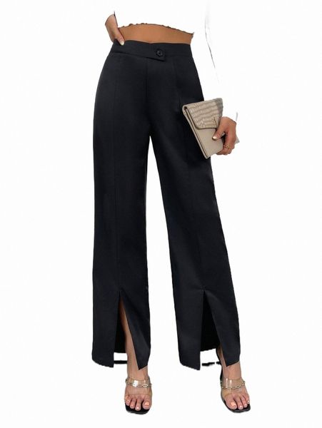

high waist split hem wide leg pants i983#, Black;white