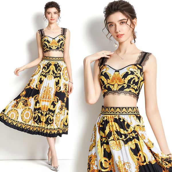 

luxury vintage baroque print dress sets women casual vacation designer set 2022 slim vests and pleated long skirt home wear suit sweet woma, White