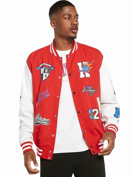 

men 1pc basketball & letter graphic two tone varsity jacket m0rv#, Black;brown
