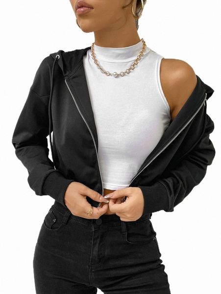 

zip up crop hoodie 41zj#, Black