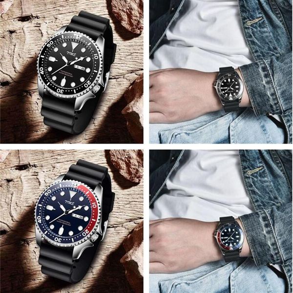 

men quartz watch luxury silicone strap gear ring dial mens business watches 41mm stainless steel male clock prospex military s213p, Slivery;brown