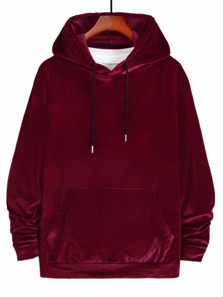 

men solid drawstring front velvet sweatshirt b4z4#, Black