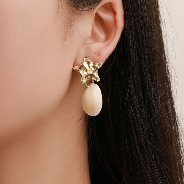 

five-pointed star shell charm earrings geometric alloy gold stud earring women tassel ear stud for banquet party gift wearing ornaments whol, Golden