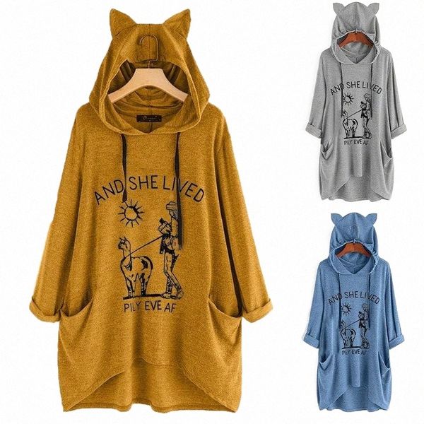

women's hoodies & sweatshirts ladies casual letters printed long sleeve knit pullover irregular pockets hooded j4bo#, Black