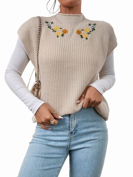 

floral embroidered mock neck sweater vest without tee o0pq#, White;black