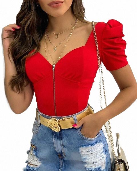 

women puff sleeve zipper front shirt women's t-shirt r2pm#, White