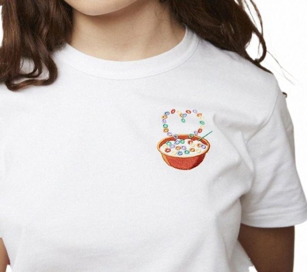 

women t-shirt couple sushi love cartoon fun embroidery short sleeve white women's c9p8#